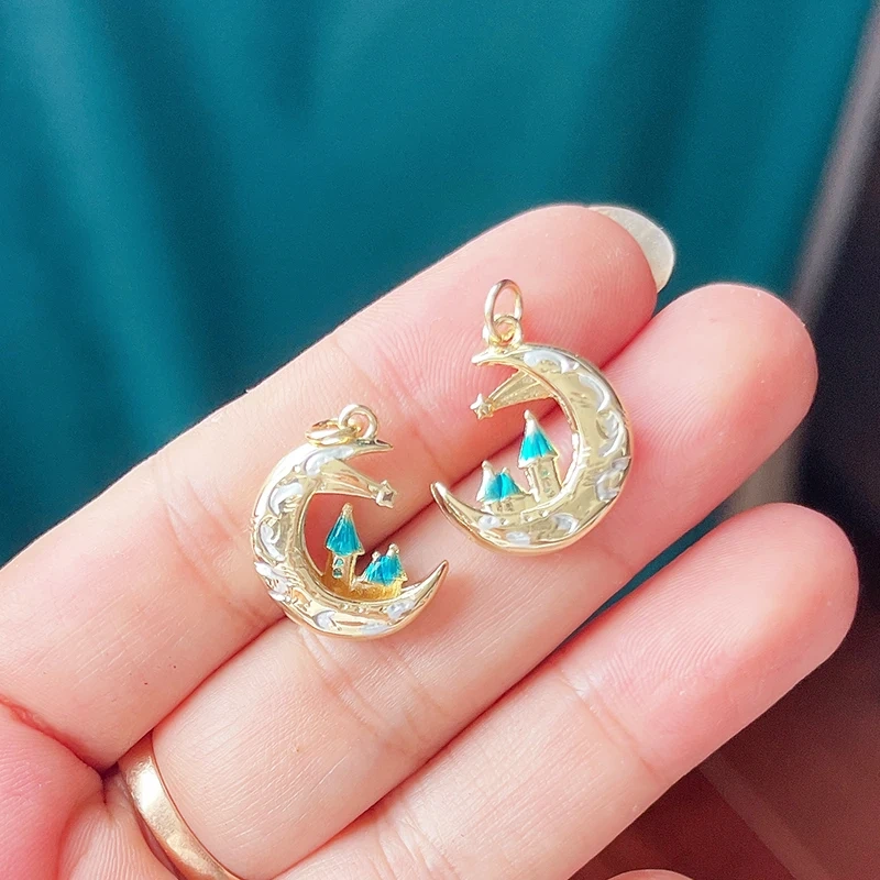 Trendy Red Sun Blue Night Star Moon Universe Celestial Rainbow Charm Pendant,Gold Plated Zircon Jewelry Findings Supply S09