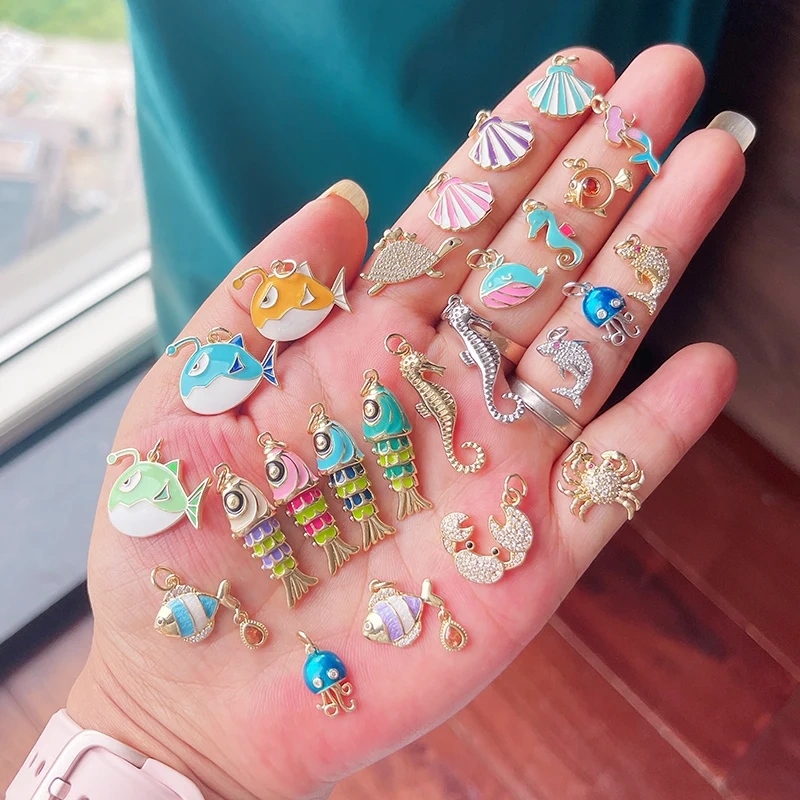 Jelly Fish Whale Seahorse Mermaid Turtle Crab Marine Sea  Shell  Charm Pendant,Gold Plated Zircon Jewelry Finding Supplies S70