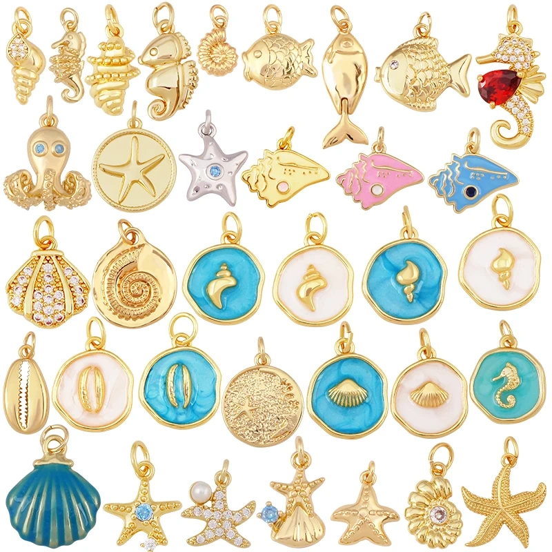 Blue White Tropical Ocean Shell Conch Seahorse Sea Fish Charm Pendant,Gold Plated Zircon Jewelry Findings Supply S93