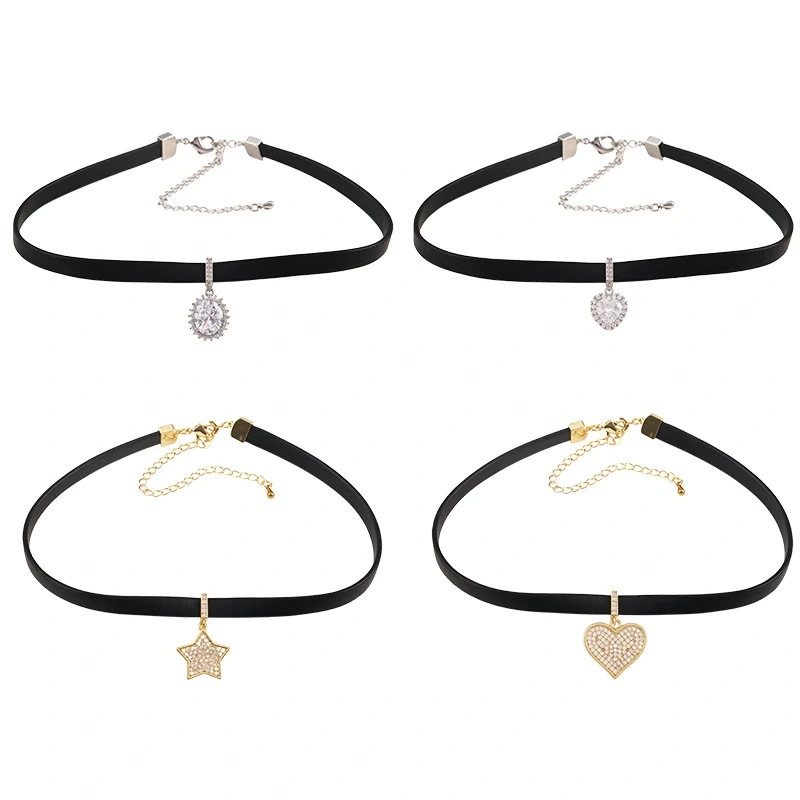 Black Heart Star Oval Choker Short CZ PU Leather Necklace, Plated with real gold,not easy to tarnish,Summer Beach Jewelry S60
