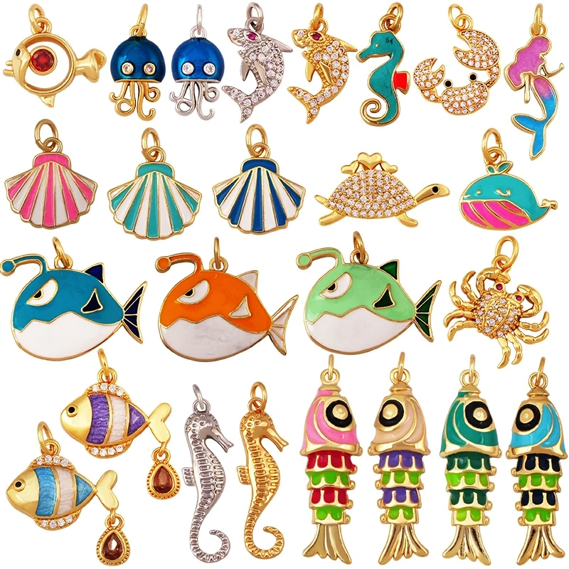 Jelly Fish Whale Seahorse Mermaid Turtle Crab Marine Sea  Shell  Charm Pendant,Gold Plated Zircon Jewelry Finding Supplies S70