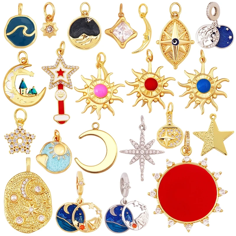 Trendy Red Sun Blue Night Star Moon Universe Celestial Rainbow Charm Pendant,Gold Plated Zircon Jewelry Findings Supply S09