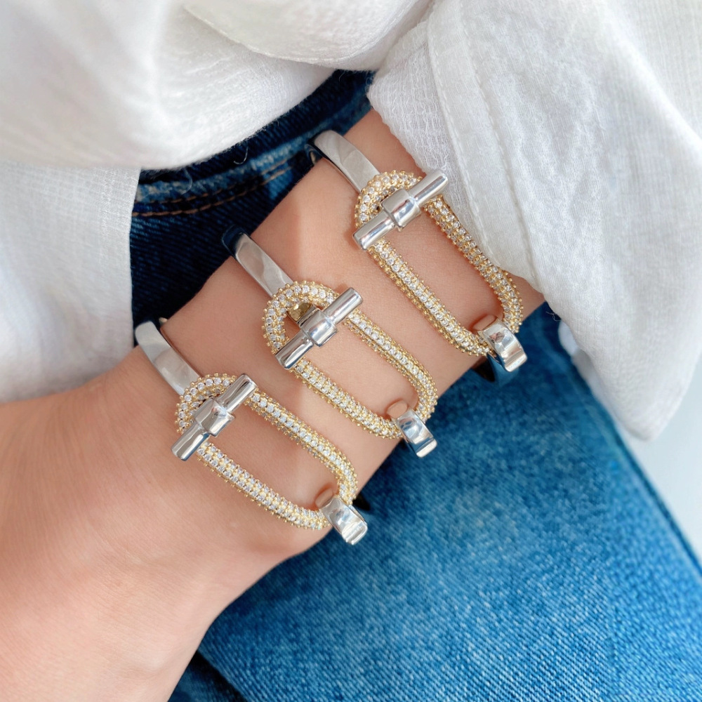 New cross-border horizontal bar OT series rings and bracelets, pig nose light luxury copper inlaid zircon rings and bracelets for women