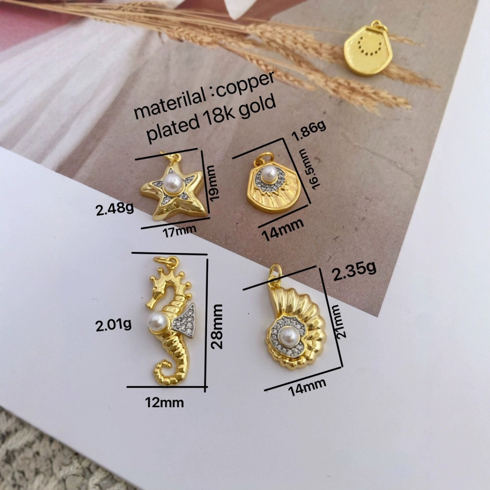 Color-preserving 18K gold marine life series starfish, conch, shell, and pearl pendant DIY handmade jewelry.