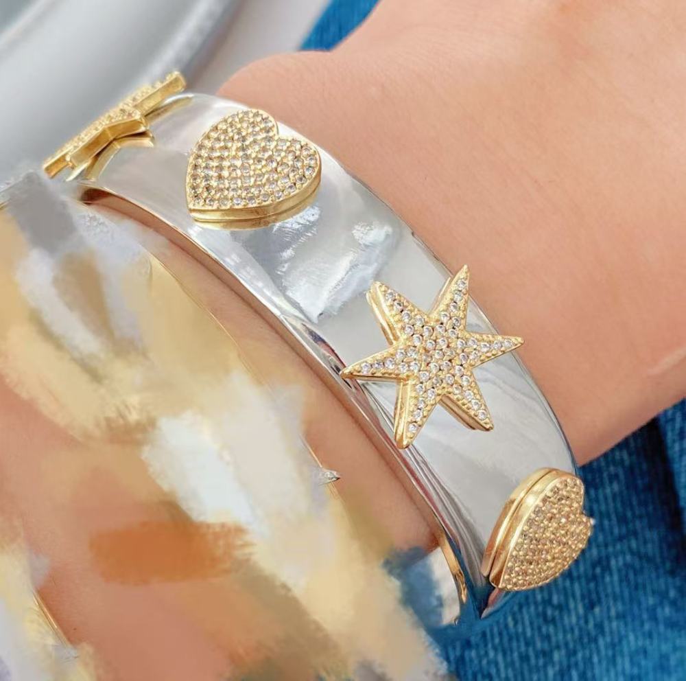 European and American Amazon cross-border e-commerce copper zircon openwork hexagonal star heart-shaped bracelet with adjustable opening wholesale