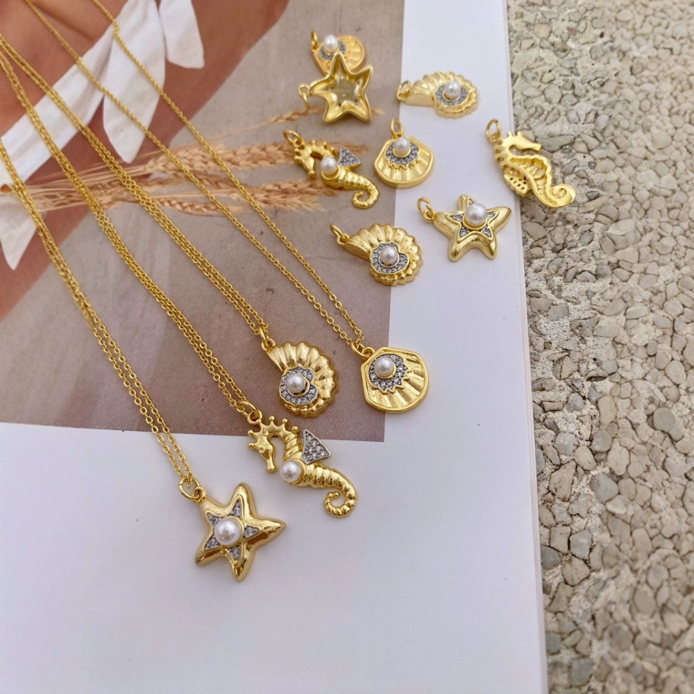 Color-preserving 18K gold marine life series starfish, conch, shell, and pearl pendant DIY handmade jewelry.