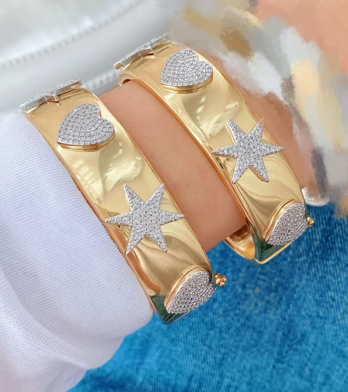 European and American Amazon cross-border e-commerce copper zircon openwork hexagonal star heart-shaped bracelet with adjustable opening wholesale