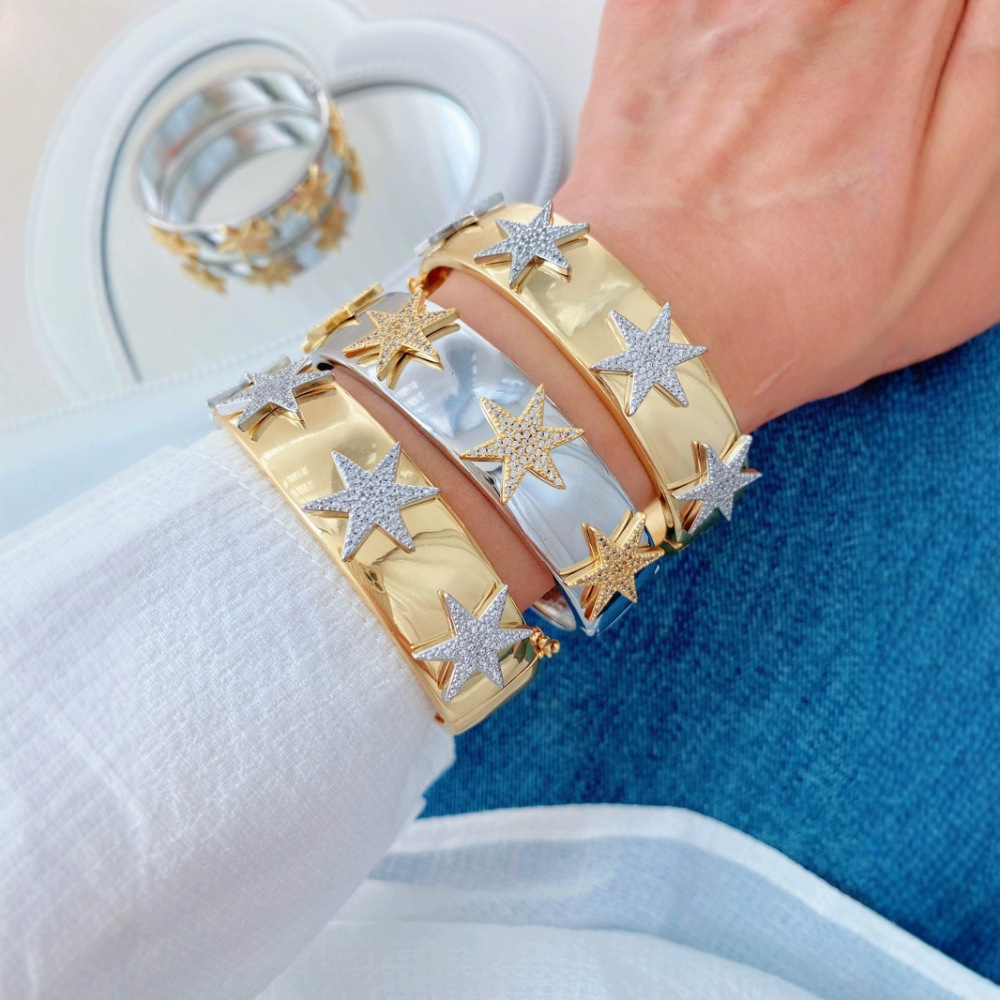 European and American Amazon cross-border e-commerce copper zircon openwork hexagonal star heart-shaped bracelet with adjustable opening wholesale