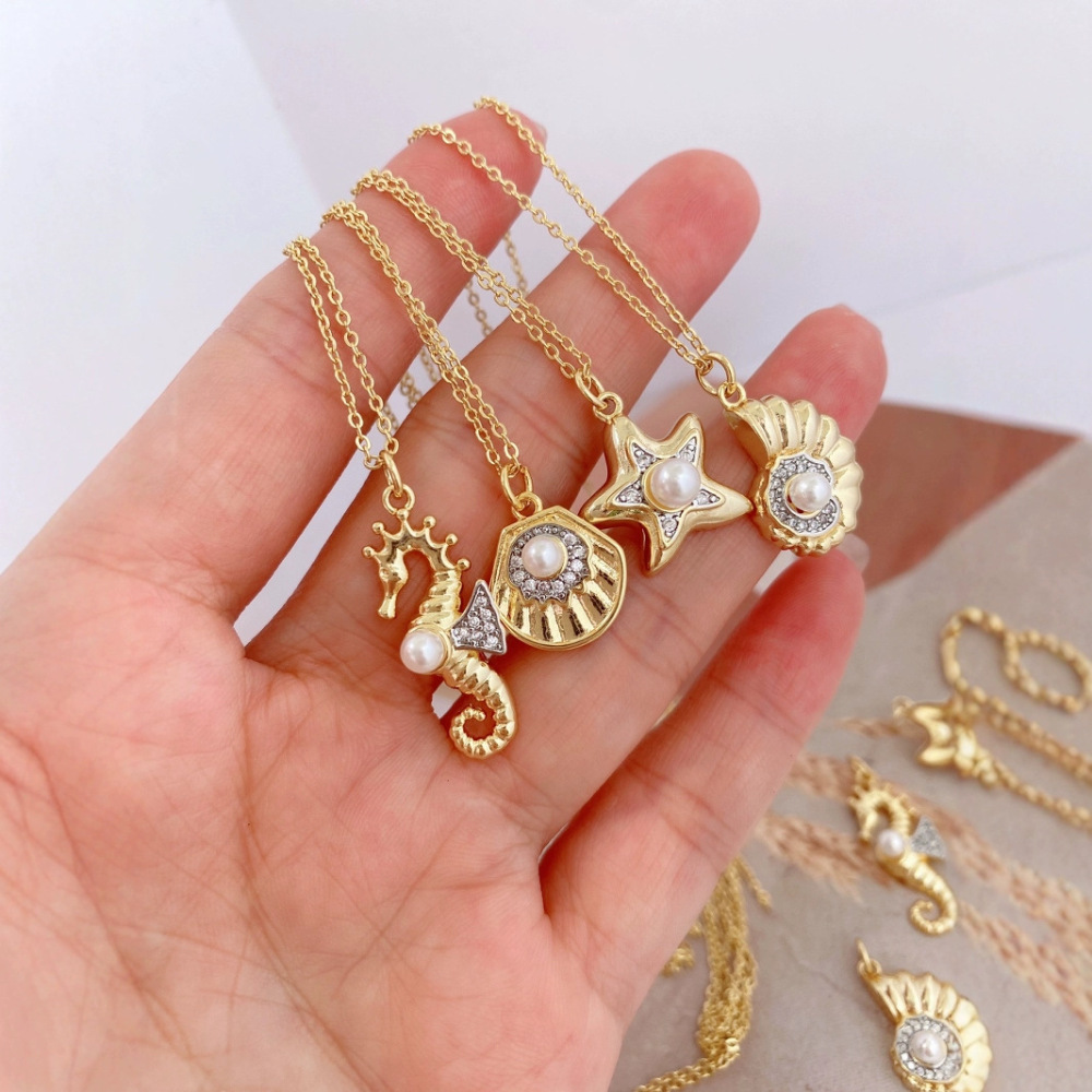 Color-preserving 18K gold marine life series starfish, conch, shell, and pearl pendant DIY handmade jewelry.