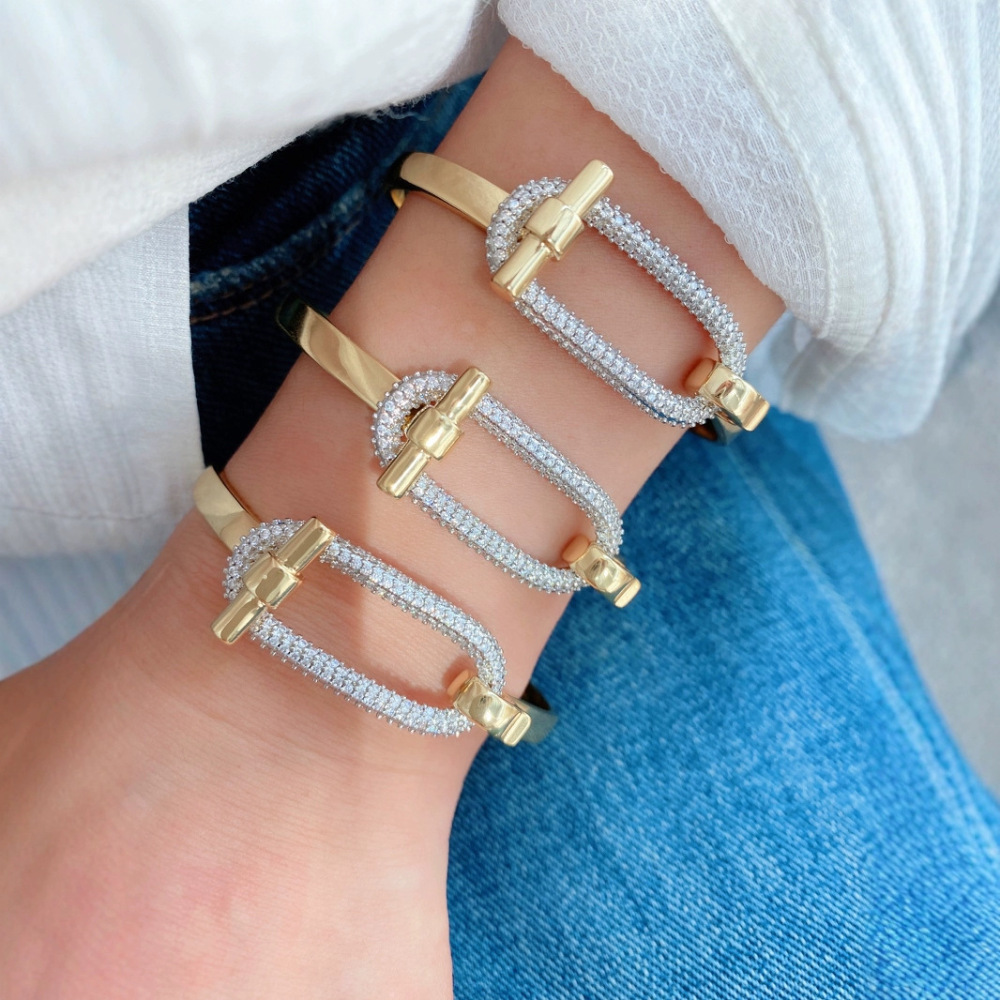 New cross-border horizontal bar OT series rings and bracelets, pig nose light luxury copper inlaid zircon rings and bracelets for women