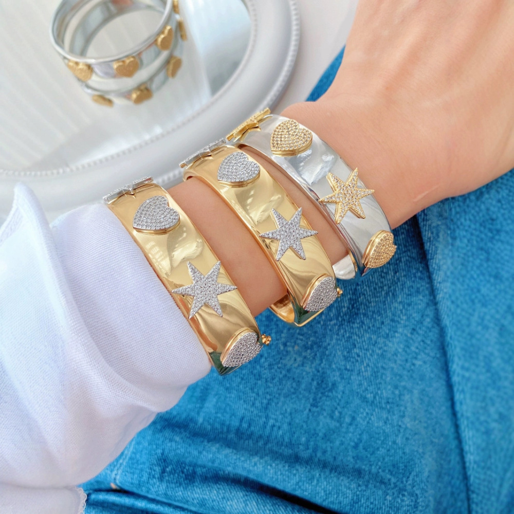 European and American Amazon cross-border e-commerce copper zircon openwork hexagonal star heart-shaped bracelet with adjustable opening wholesale