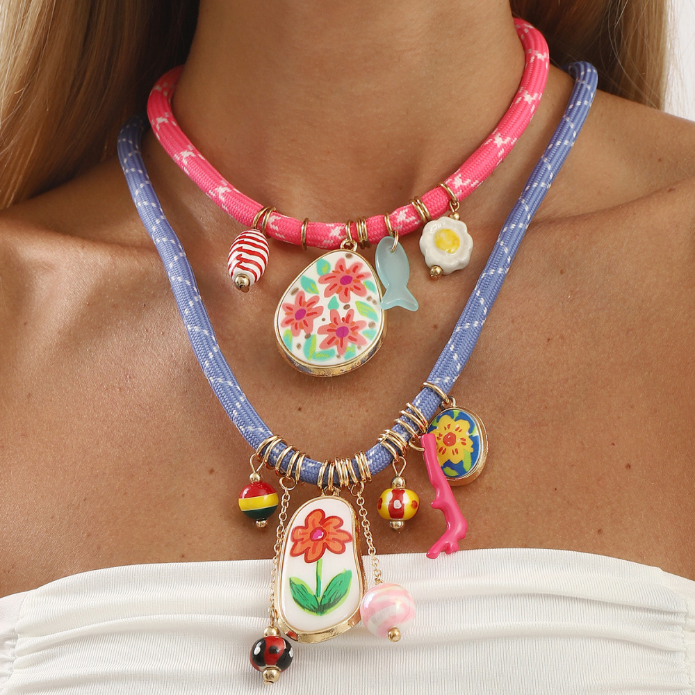 Bohemian ZA summer multi-element pendant necklace cute flower frangipani fish coral clavicle chain N12678  X1067-287