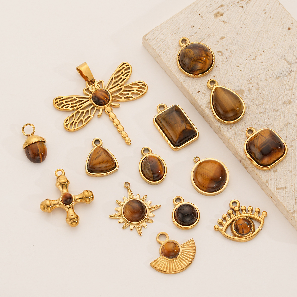 Stainless steel Maillard tiger eye pendant, butterfly, teardrop, fan-shaped natural stone pendant, DIY jewelry accessory.