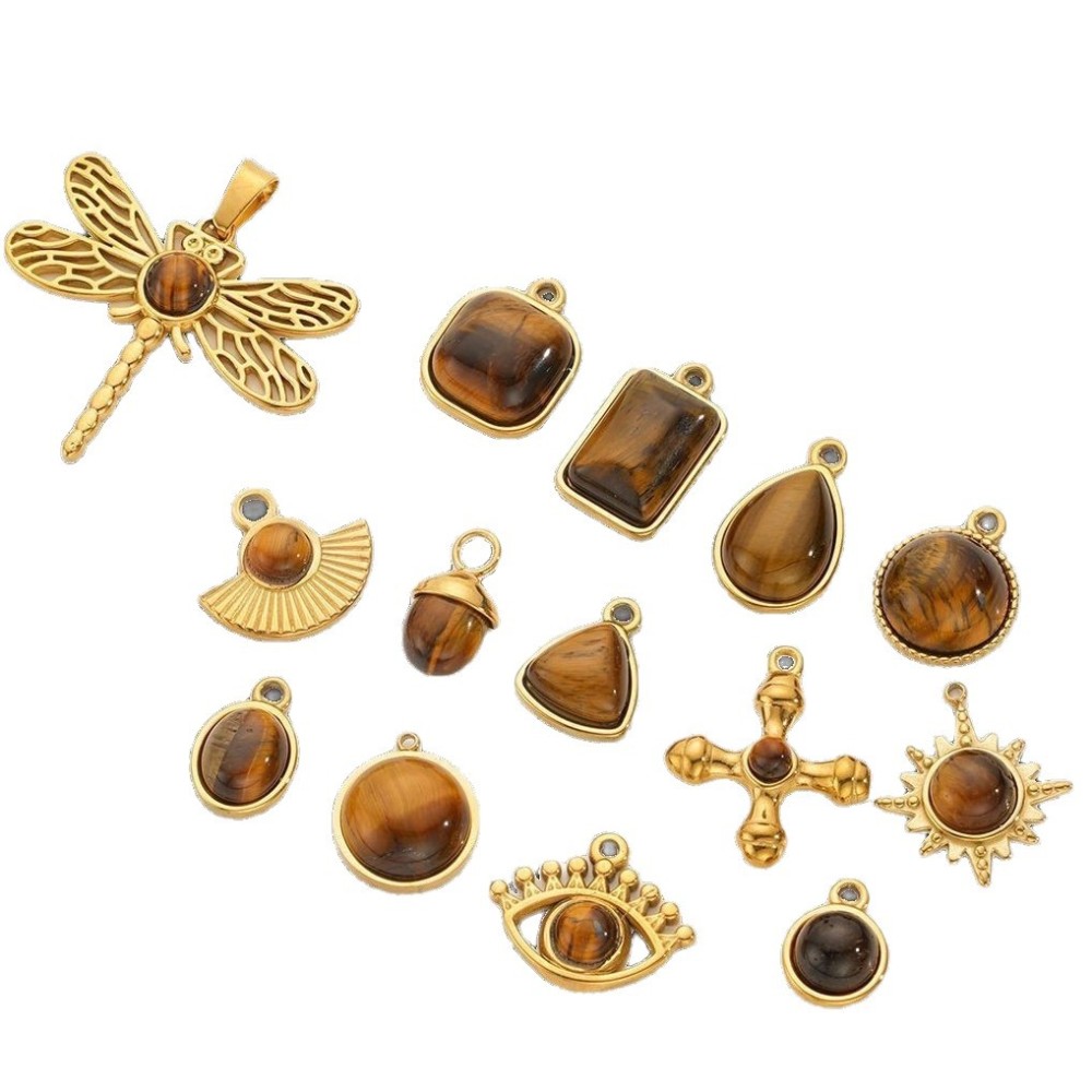 Stainless steel Maillard tiger eye pendant, butterfly, teardrop, fan-shaped natural stone pendant, DIY jewelry accessory.