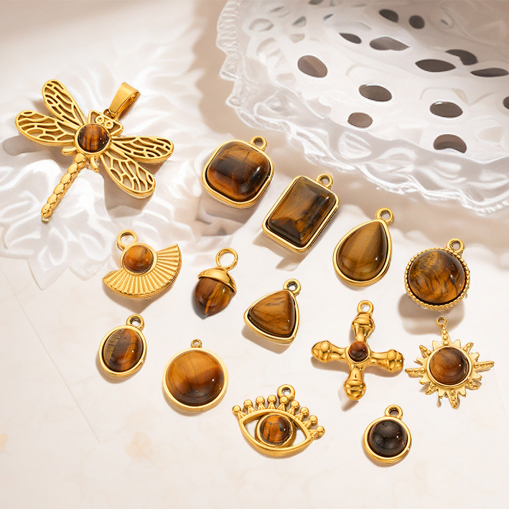 Stainless steel Maillard tiger eye pendant, butterfly, teardrop, fan-shaped natural stone pendant, DIY jewelry accessory.