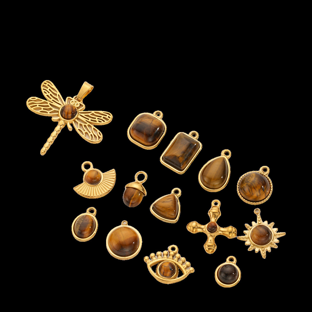 Stainless steel Maillard tiger eye pendant, butterfly, teardrop, fan-shaped natural stone pendant, DIY jewelry accessory.