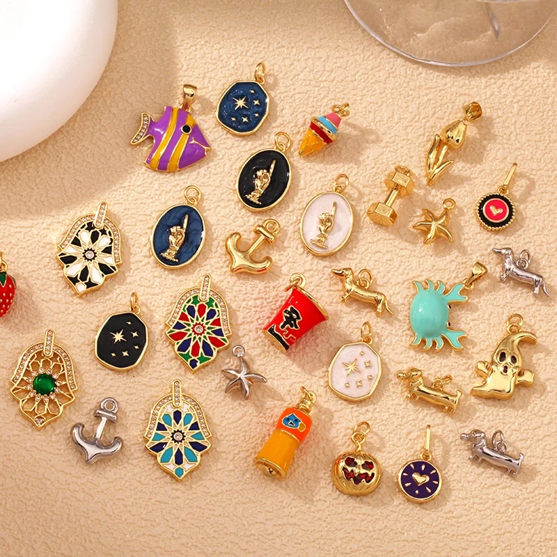 Star Fish Anchor Sausage Dog Bottle Cup Crab Dumbbell Heart Hand Pendant,Real 18K Gold Plated Copper DIY Jewelry Charms T04