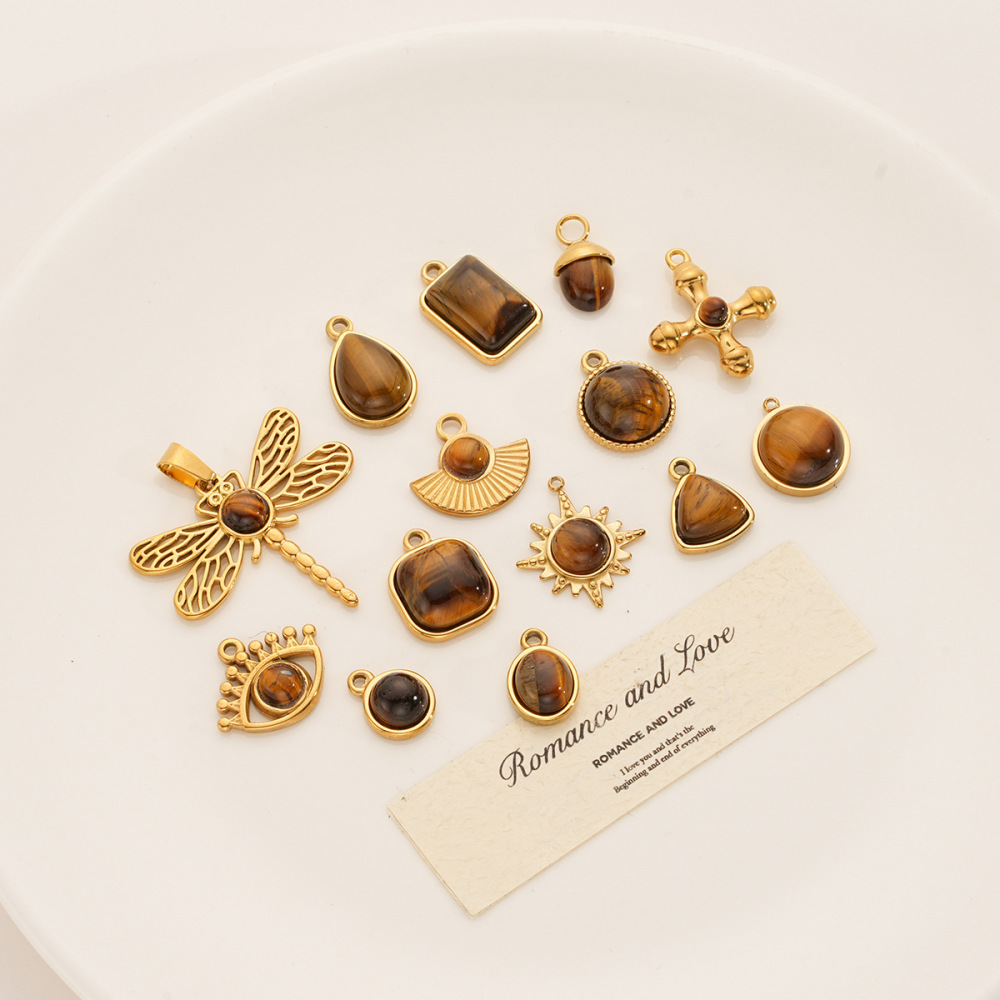 Stainless steel Maillard tiger eye pendant, butterfly, teardrop, fan-shaped natural stone pendant, DIY jewelry accessory.