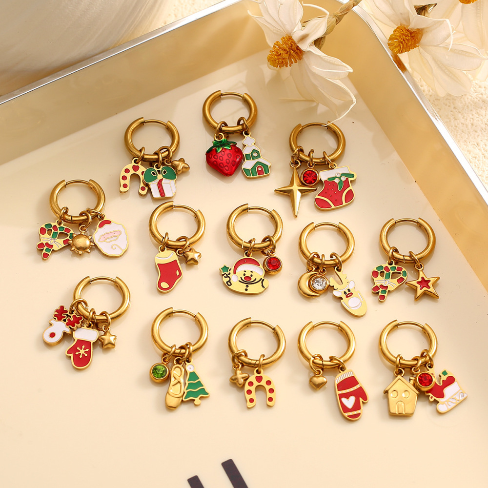European and American Christmas series of stylish stainless steel gold-plated hoop earrings, perfect for a festive and unique look.