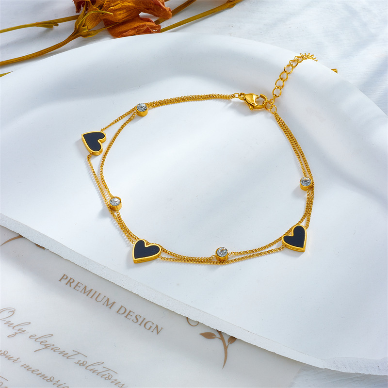 Korean style, fashionable, simple, versatile, rhinestone-embellished, black and white double-sided heart accessory chain, stackable stainless steel anklet.