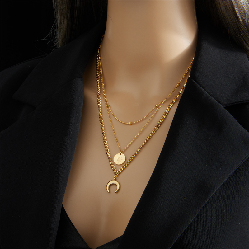 European and American style gold-plated retro multi-layered chain round pendant star and moon ornament stainless steel necklace