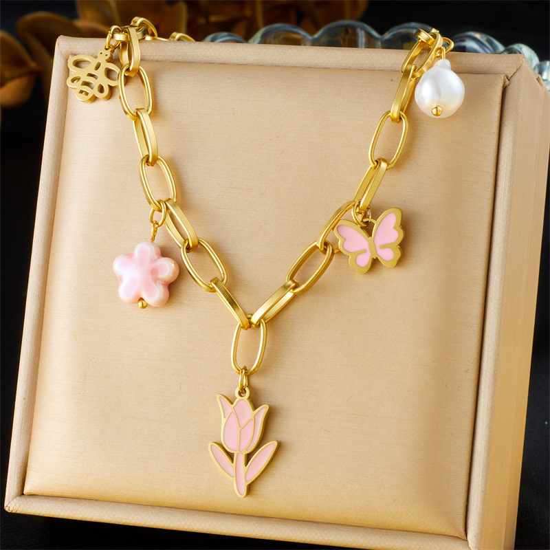 Korean style fashionable sweet and cute oil-pink bow flower cherry butterfly accessory stainless steel jewelry set