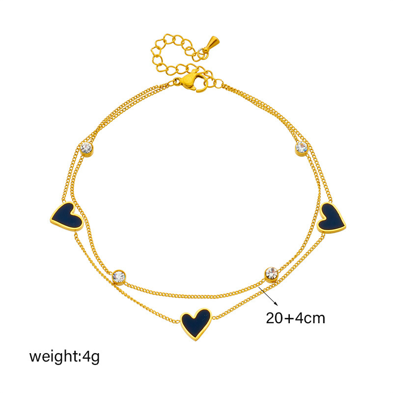 Korean style, fashionable, simple, versatile, rhinestone-embellished, black and white double-sided heart accessory chain, stackable stainless steel anklet.