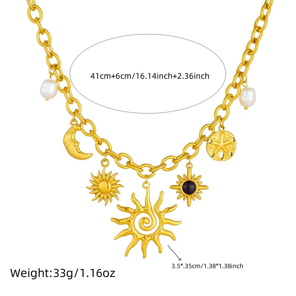 Cross-border fashion, light luxury, high-end gold-plated stainless steel sun, moon, gemstone, pearl accessories pendant chain necklace
