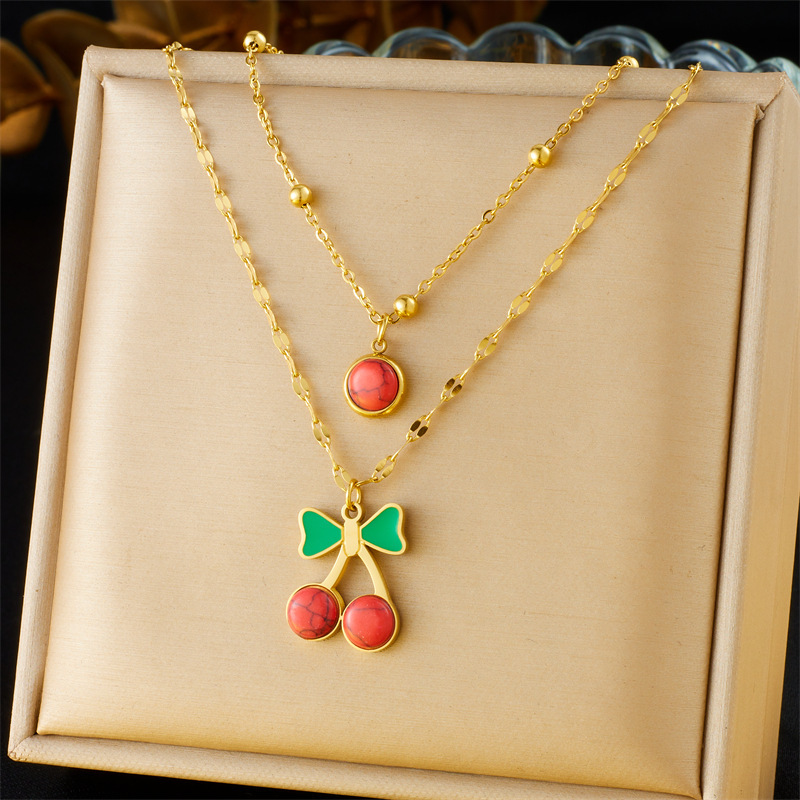Cross-border European and American style retro double-layer chain diamond-encrusted cherry fruit heart compass stainless steel necklace