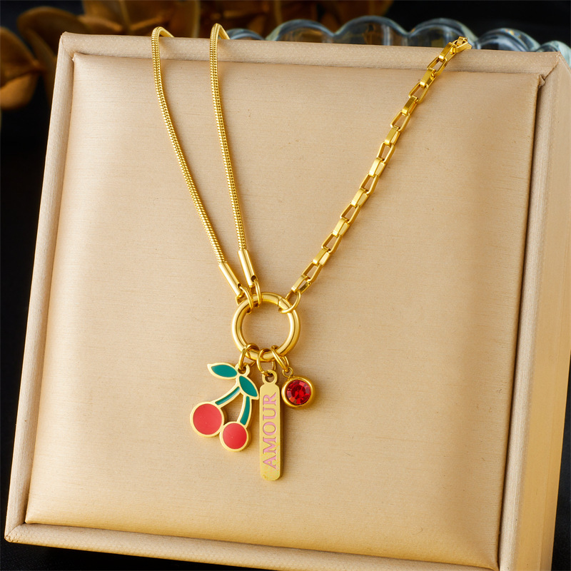 Cross-border European and American style retro double-layer chain diamond-encrusted cherry fruit heart compass stainless steel necklace