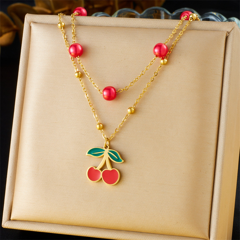 Cross-border European and American style retro double-layer chain diamond-encrusted cherry fruit heart compass stainless steel necklace