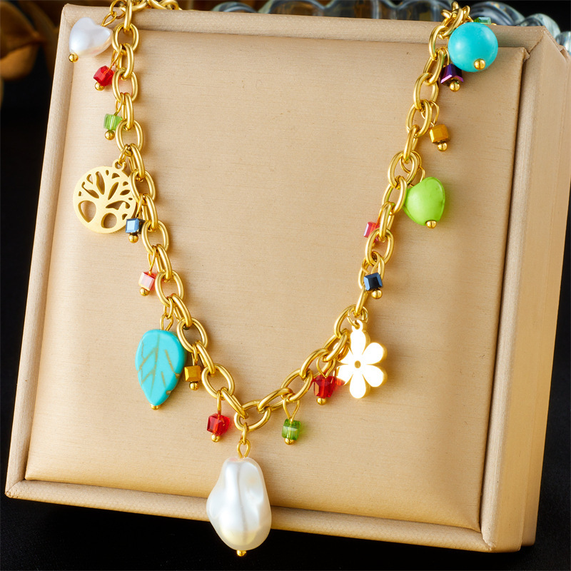 Cross-border European and American style retro double-layer chain diamond-encrusted cherry fruit heart compass stainless steel necklace