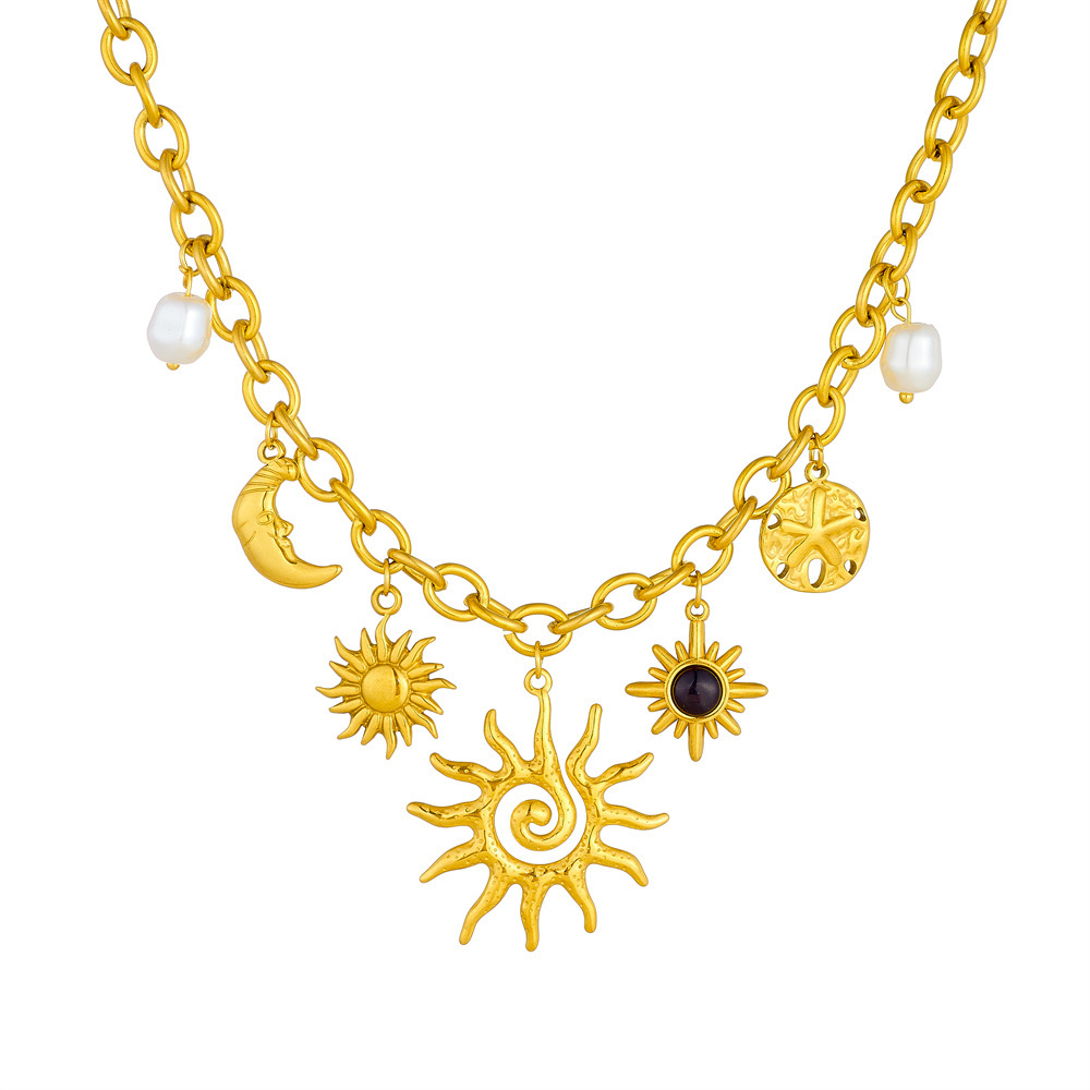 Cross-border fashion, light luxury, high-end gold-plated stainless steel sun, moon, gemstone, pearl accessories pendant chain necklace