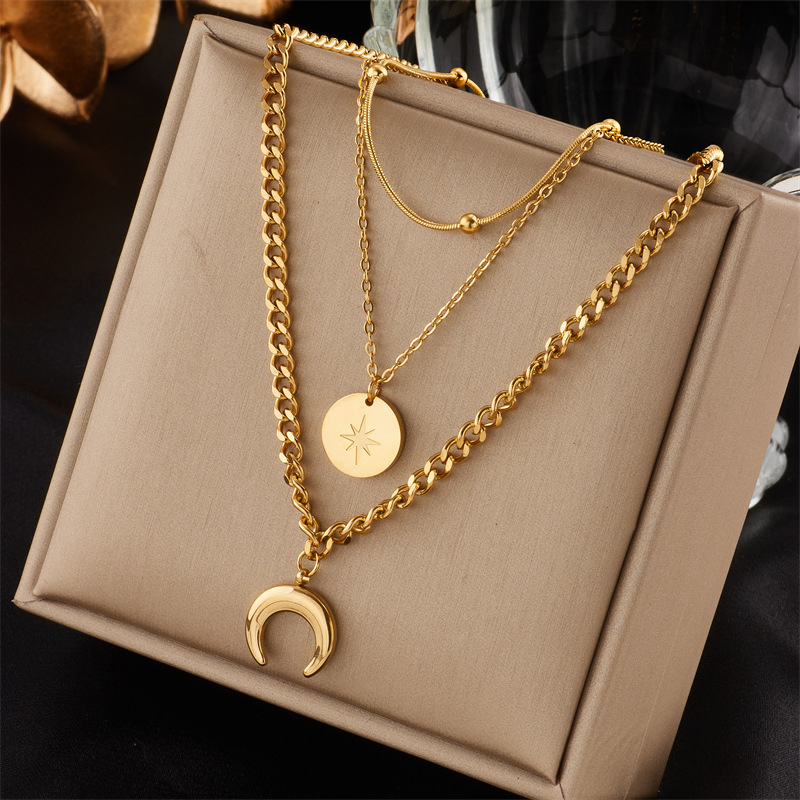 European and American style gold-plated retro multi-layered chain round pendant star and moon ornament stainless steel necklace