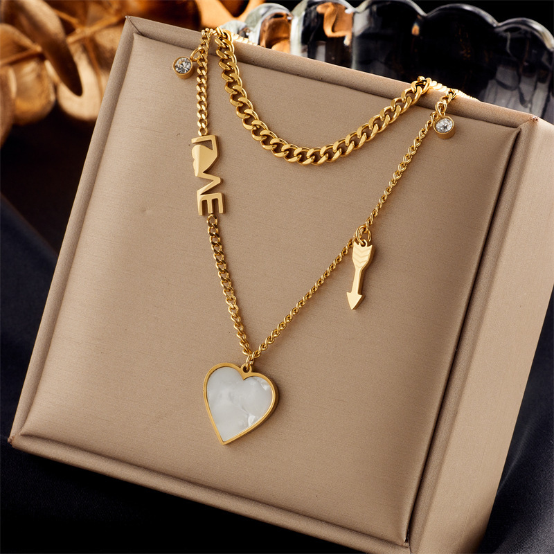 Cross-border fashion minimalist design retro stainless steel multi-layer chain cross heart pearl pendant necklace for women