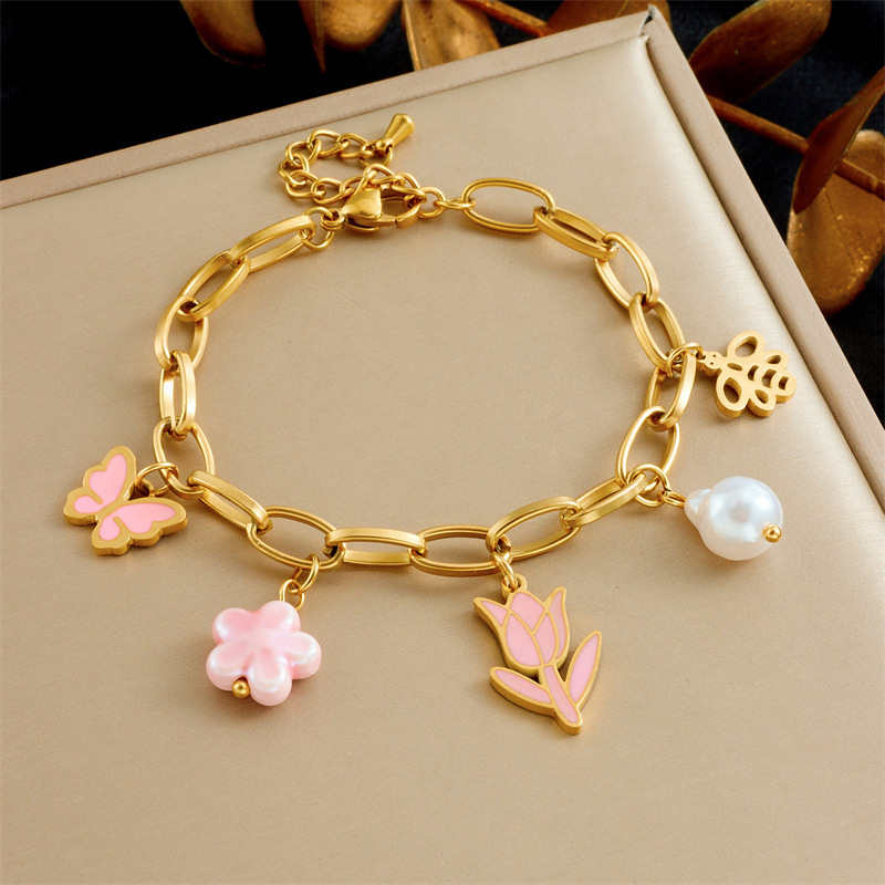 Korean style fashionable sweet and cute oil-pink bow flower cherry butterfly accessory stainless steel jewelry set