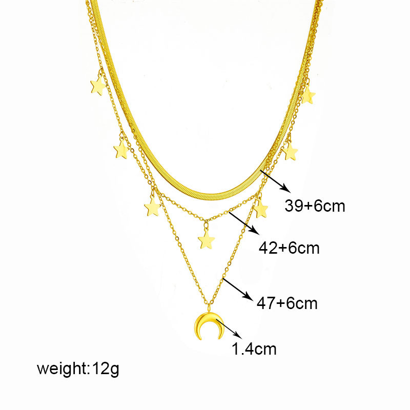 European and American style three-layer titanium steel chain star and moon smooth pendant necklace, retro niche versatile necklace