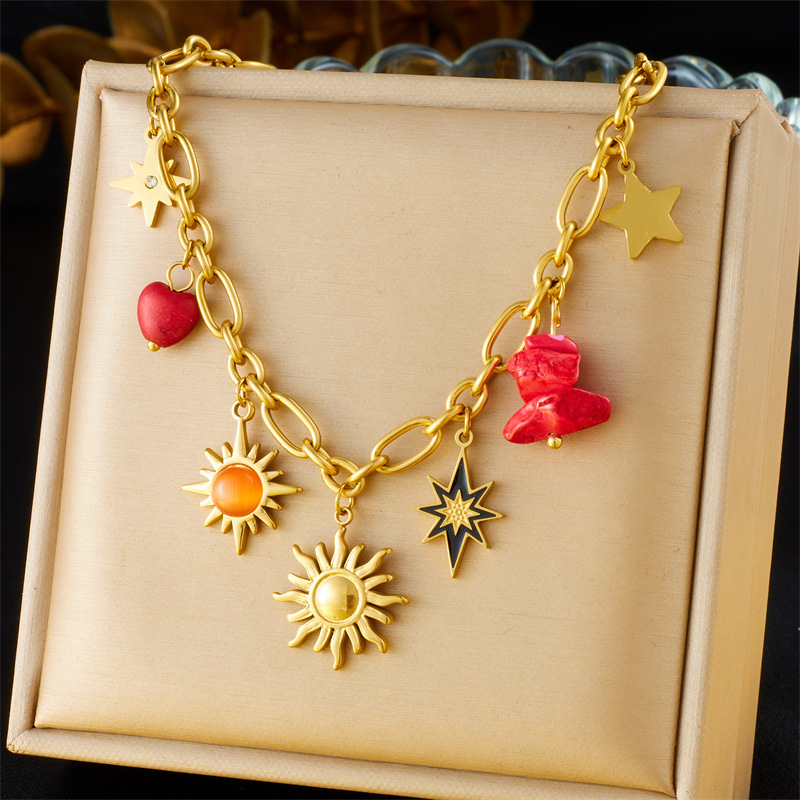 Cross-border European and American style retro double-layer chain diamond-encrusted cherry fruit heart compass stainless steel necklace