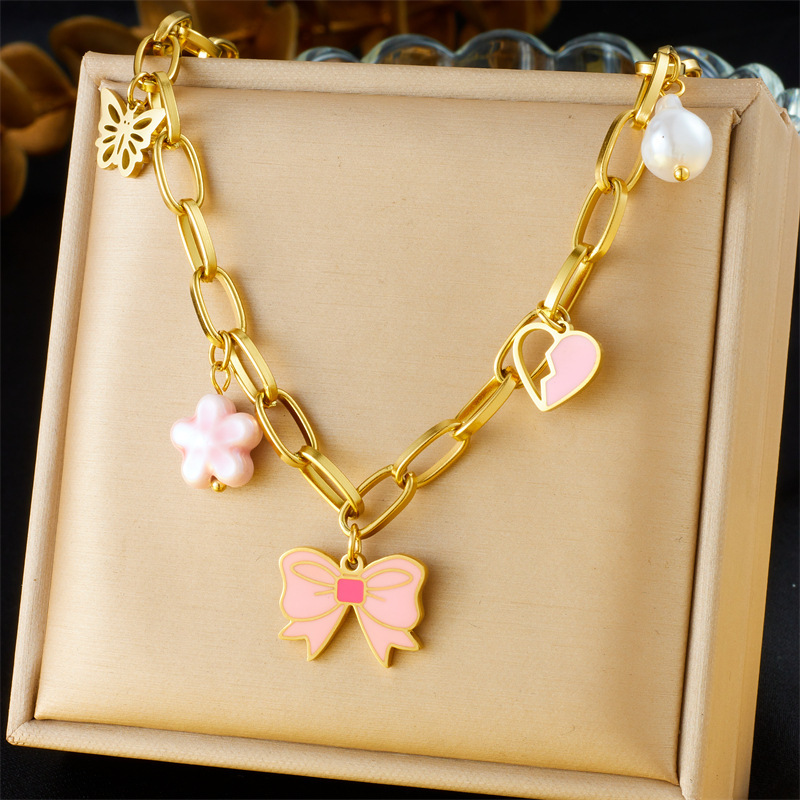 Korean style fashionable sweet and cute oil-pink bow flower cherry butterfly accessory stainless steel jewelry set