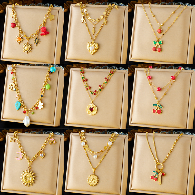 Cross-border European and American style retro double-layer chain diamond-encrusted cherry fruit heart compass stainless steel necklace