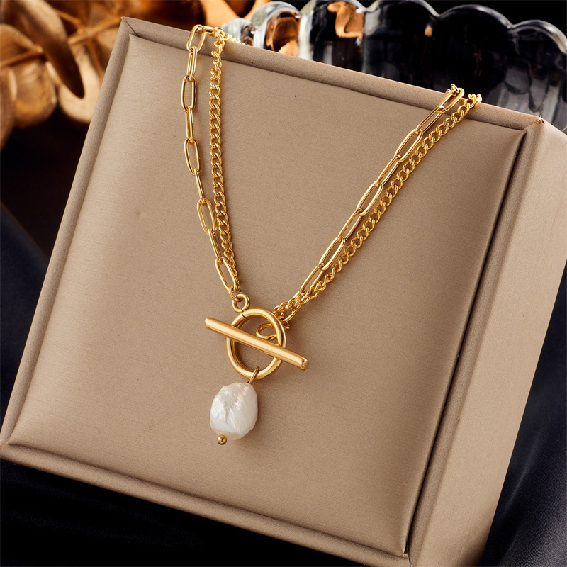 Cross-border fashion minimalist design retro stainless steel multi-layer chain cross heart pearl pendant necklace for women