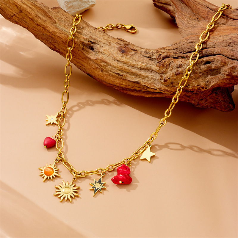Cross-border European and American style retro double-layer chain diamond-encrusted cherry fruit heart compass stainless steel necklace