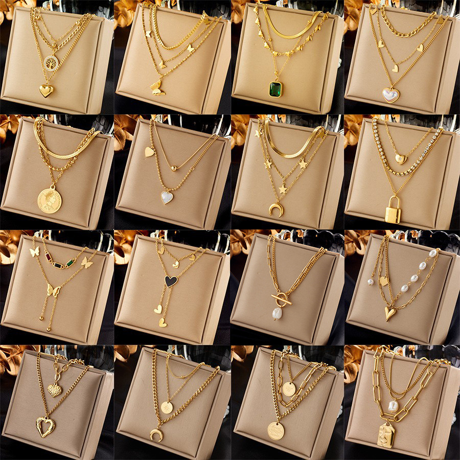 European and American cross-border fashion retro gold-plated double-layered multi-element pendant butterfly pearl portrait round pendant necklace