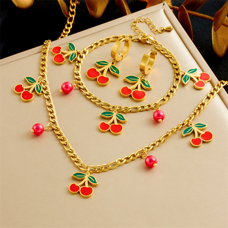 Korean style fashionable sweet and cute oil-pink bow flower cherry butterfly accessory stainless steel jewelry set