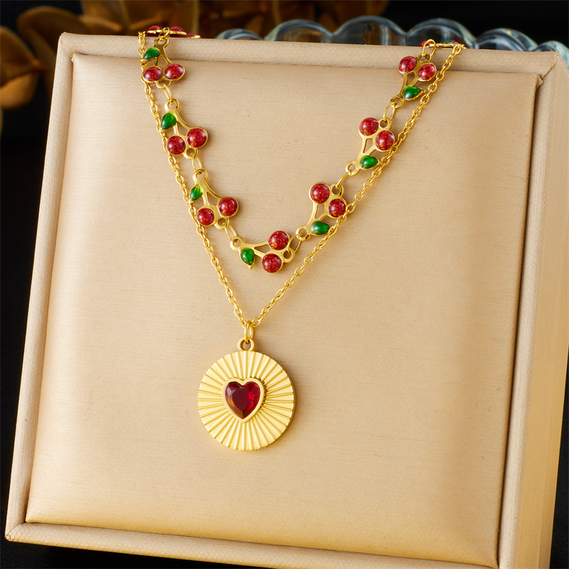 Cross-border European and American style retro double-layer chain diamond-encrusted cherry fruit heart compass stainless steel necklace