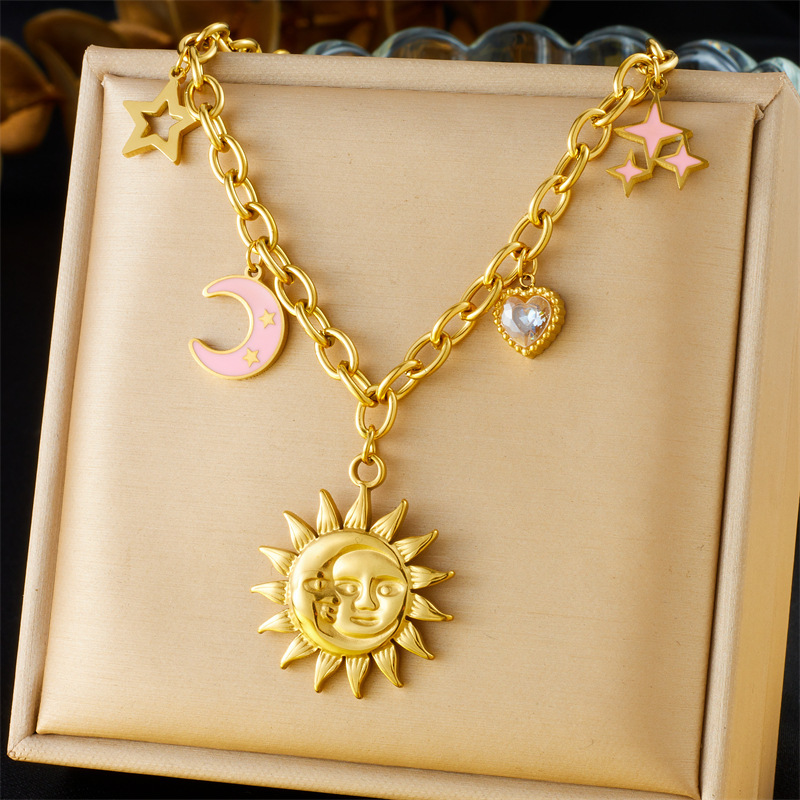 Cross-border European and American style retro double-layer chain diamond-encrusted cherry fruit heart compass stainless steel necklace