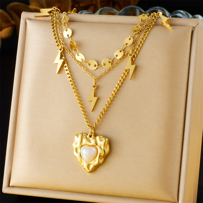 Cross-border European and American style retro double-layer chain diamond-encrusted cherry fruit heart compass stainless steel necklace