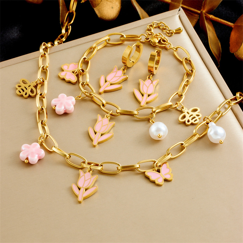 Korean style fashionable sweet and cute oil-pink bow flower cherry butterfly accessory stainless steel jewelry set