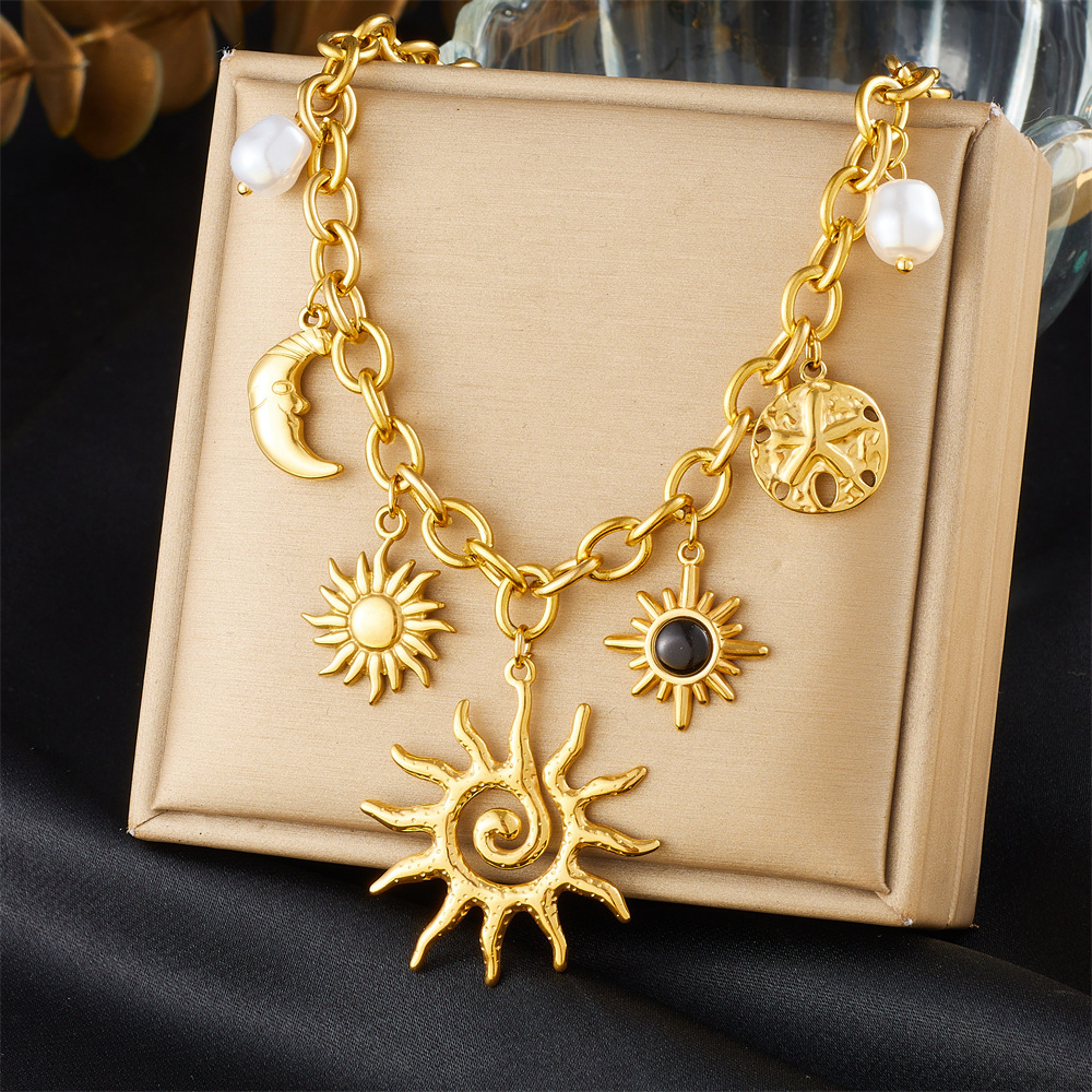 Cross-border fashion, light luxury, high-end gold-plated stainless steel sun, moon, gemstone, pearl accessories pendant chain necklace