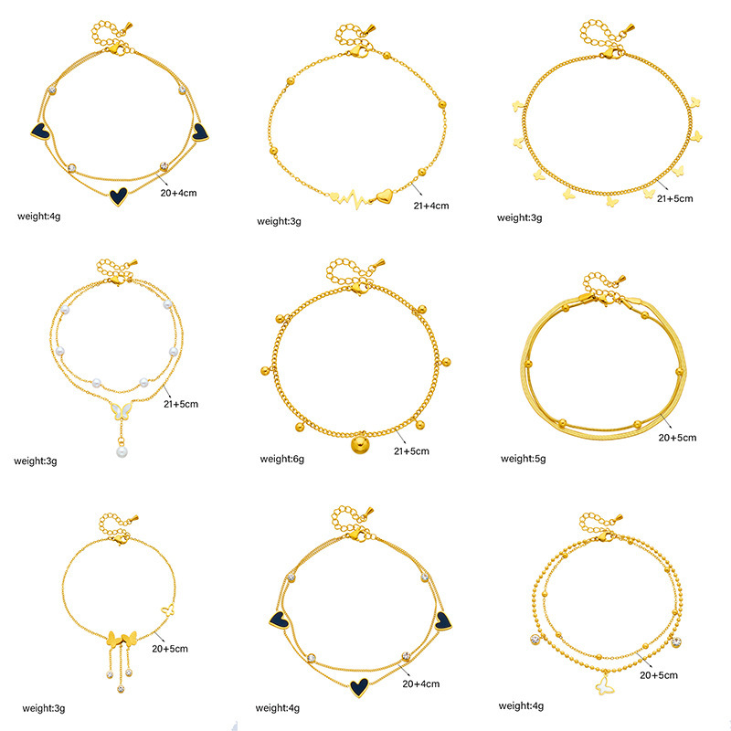 Fashionable, niche, high-end, minimalist, versatile, elegant metallic titanium steel heart and butterfly pendant anklet